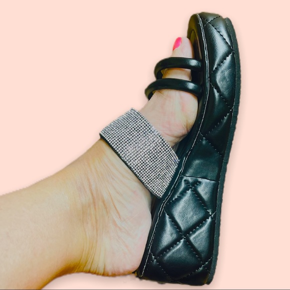 Italina Black Strappy Triple Band Rhinestone Platform Slip-On Quilt Wedge Sandal - Picture 3 of 6